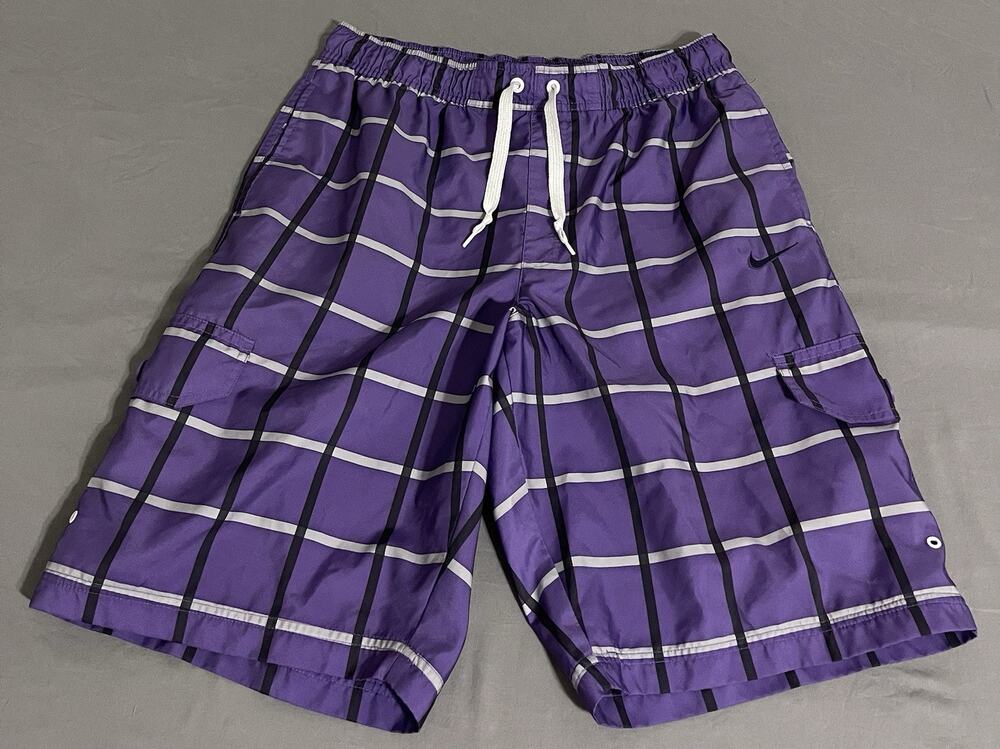 Nike Swim Trunks Mens Large Purple Plaid Grid Cargo Board Shorts SU13 573625-505